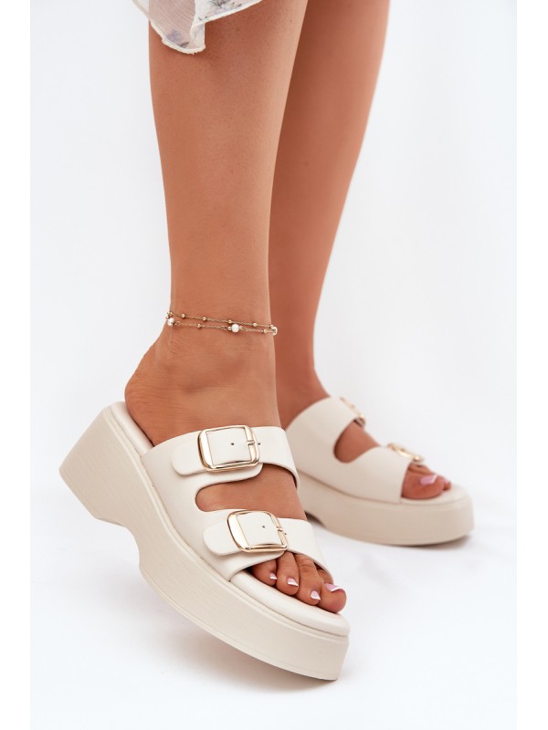 Wedge And Platform Women's Slippers With Buckles Light Beige Nitarelia 2
