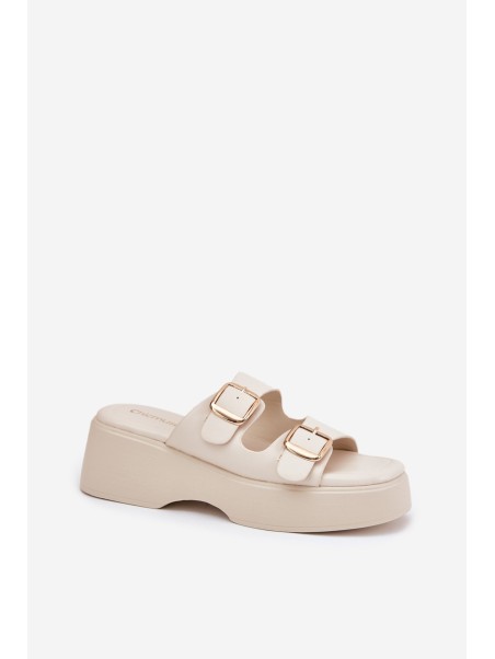 Wedge And Platform Women's Slippers With Buckles Light Beige Nitarelia