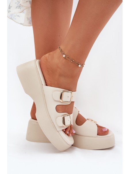 Wedge And Platform Women's Slippers With Buckles Light Beige Nitarelia