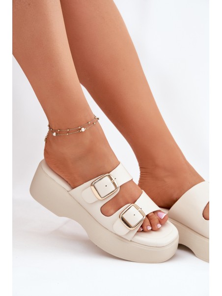 Wedge And Platform Women's Slippers With Buckles Light Beige Nitarelia