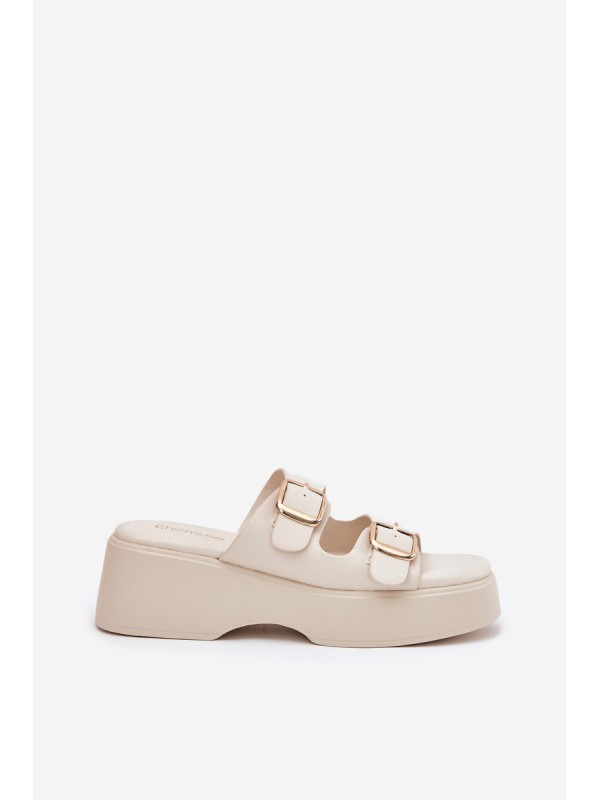 Wedge And Platform Women's Slippers With Buckles Light Beige Nitarelia
