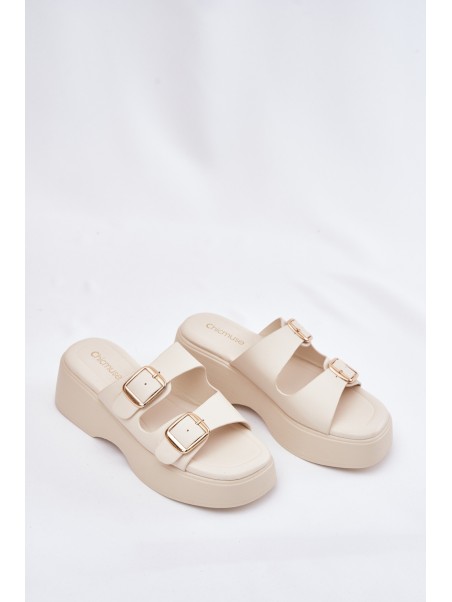 Wedge And Platform Women's Slippers With Buckles Light Beige Nitarelia