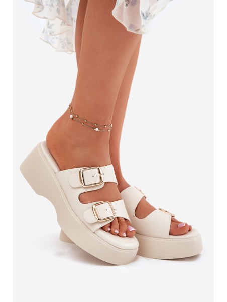 Wedge And Platform Women's Slippers With Buckles Light Beige Nitarelia