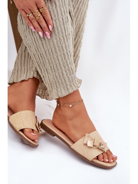 Ladies Flat Heeled Sandals With Bow Beige Sallariela