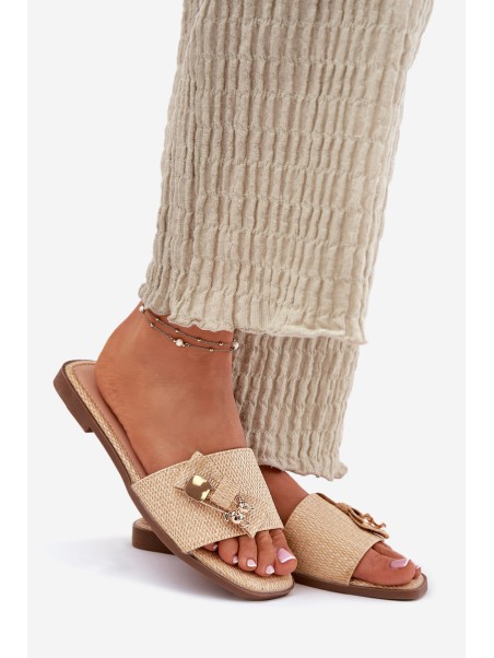 Ladies Flat Heeled Sandals With Bow Beige Sallariela