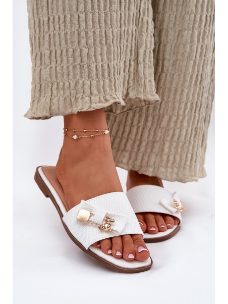 Women's Flat Heeled Slippers With Bow White Sallariela