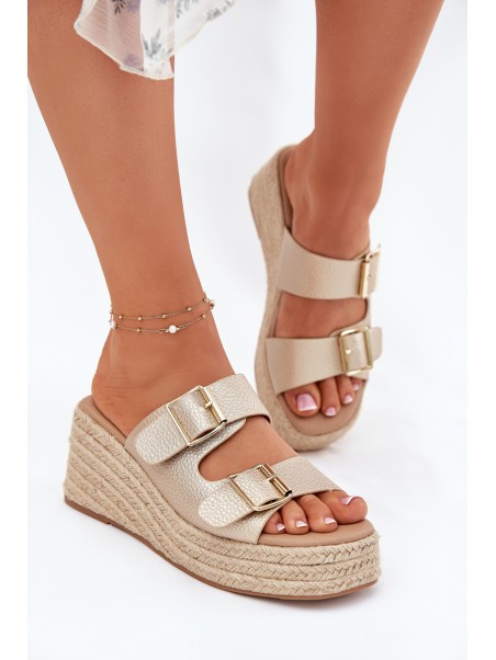 Wedge Sandals For Women With Braiding And Buckles Gold Pasinea