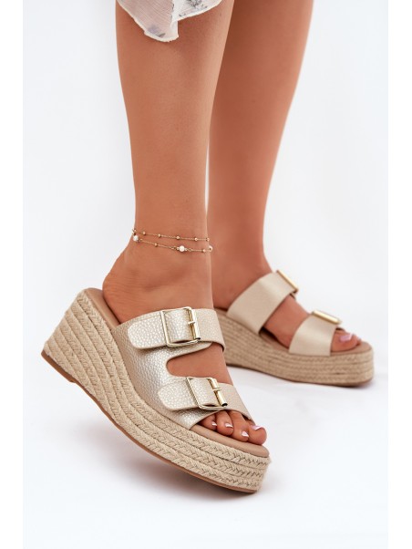 Wedge Sandals For Women With Braiding And Buckles Gold Pasinea