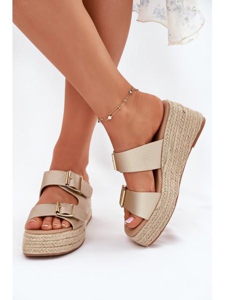 Wedge Sandals For Women With Braiding And Buckles Gold Pasinea
