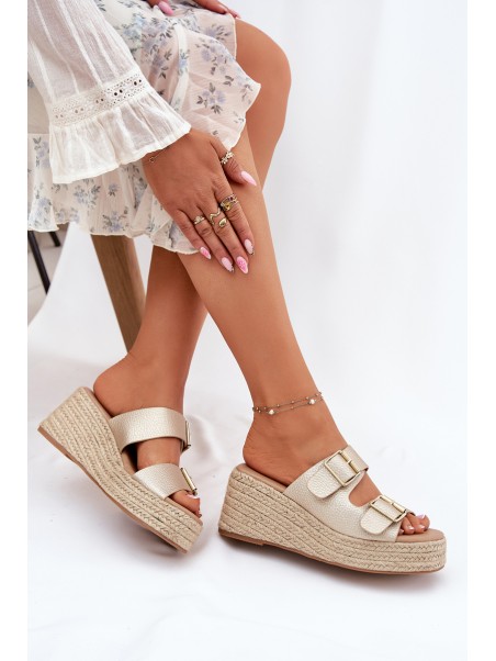 Wedge Sandals For Women With Braiding And Buckles Gold Pasinea