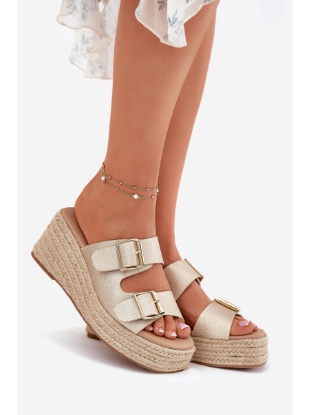 Wedge Sandals For Women With Braiding And Buckles Gold Pasinea