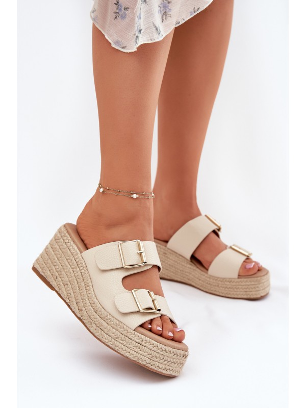 Ladies Wedge Slippers With Weaving And Buckles Beige Pasinea
