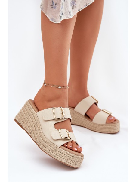 Ladies Wedge Slippers With Weaving And Buckles Beige Pasinea