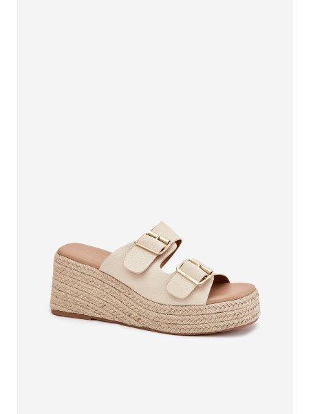 Ladies Wedge Slippers With Weaving And Buckles Beige Pasinea
