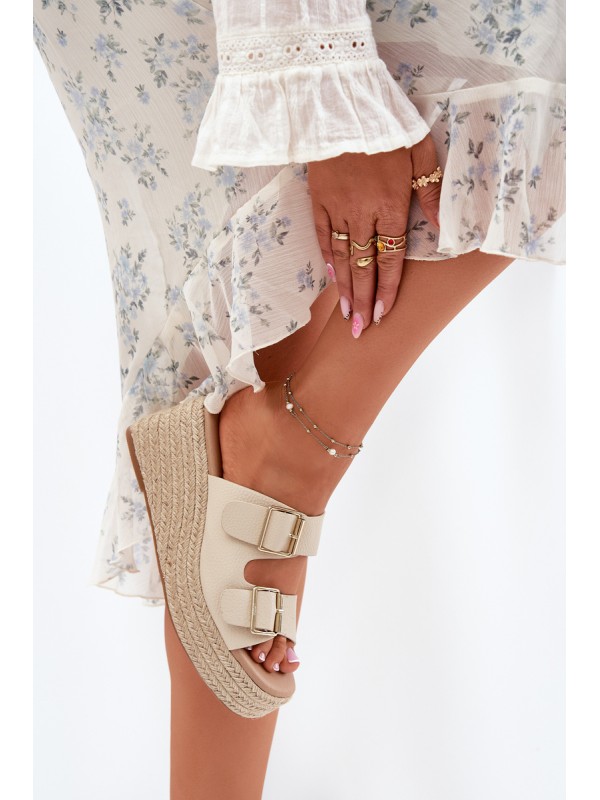 Ladies Wedge Slippers With Weaving And Buckles Beige Pasinea