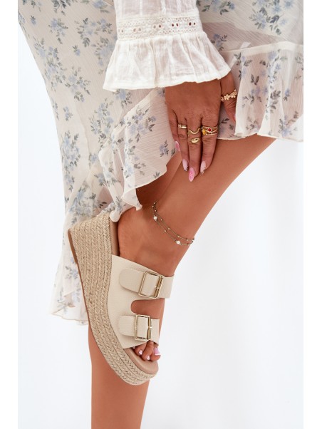 Ladies Wedge Slippers With Weaving And Buckles Beige Pasinea
