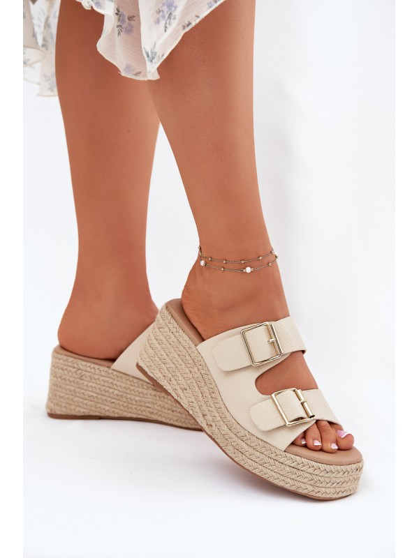Ladies Wedge Slippers With Weaving And Buckles Beige Pasinea