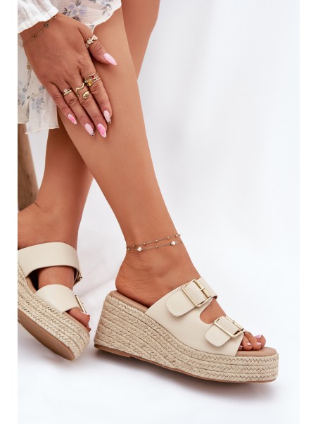 Ladies Wedge Slippers With Weaving And Buckles Beige Pasinea