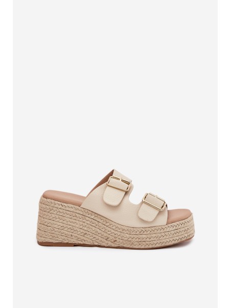 Ladies Wedge Slippers With Weaving And Buckles Beige Pasinea