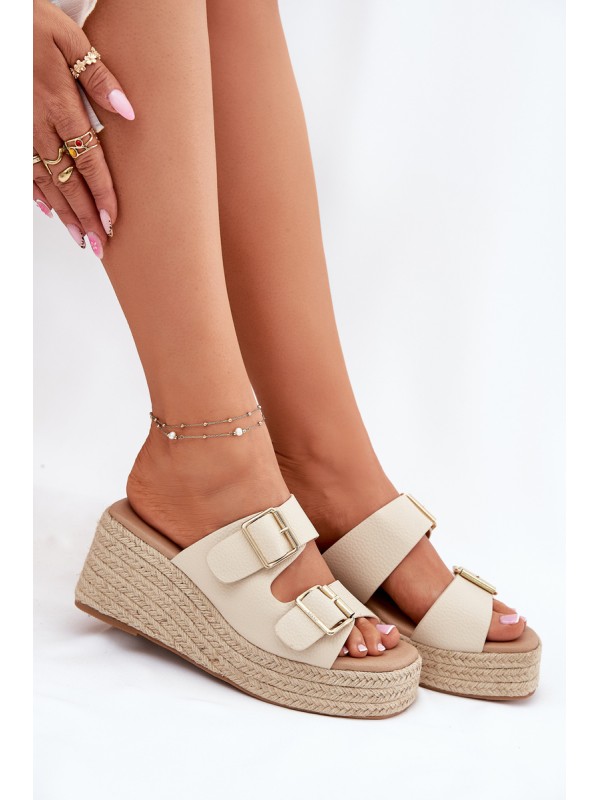 Ladies Wedge Slippers With Weaving And Buckles Beige Pasinea