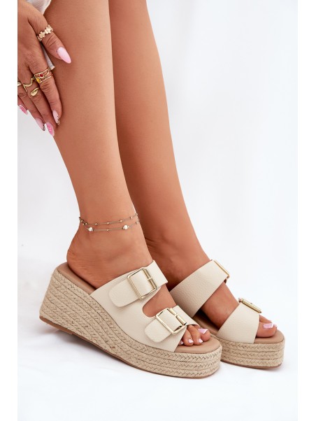Ladies Wedge Slippers With Weaving And Buckles Beige Pasinea