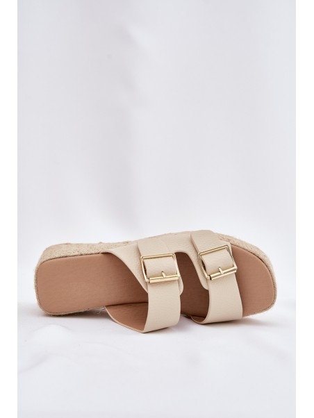 Ladies Wedge Slippers With Weaving And Buckles Beige Pasinea
