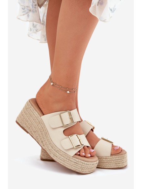Ladies Wedge Slippers With Weaving And Buckles Beige Pasinea