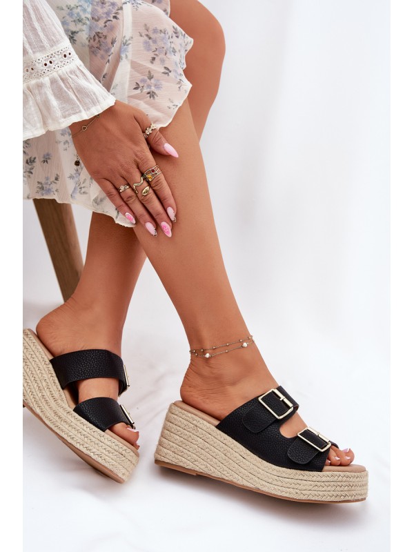Womens Wedge Sandals With Braiding And Buckles Black Pasinea