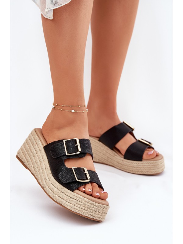 Womens Wedge Sandals With Braiding And Buckles Black Pasinea
