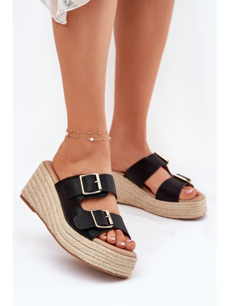 Womens Wedge Sandals With Braiding And Buckles Black Pasinea
