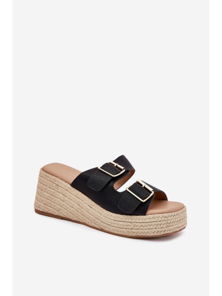 Womens Wedge Sandals With Braiding And Buckles Black Pasinea