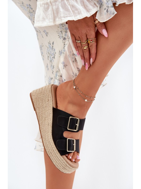 Womens Wedge Sandals With Braiding And Buckles Black Pasinea