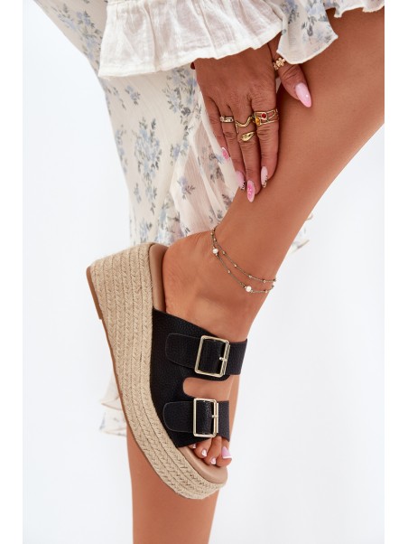 Womens Wedge Sandals With Braiding And Buckles Black Pasinea
