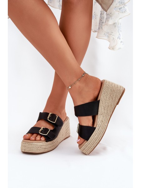 Womens Wedge Sandals With Braiding And Buckles Black Pasinea