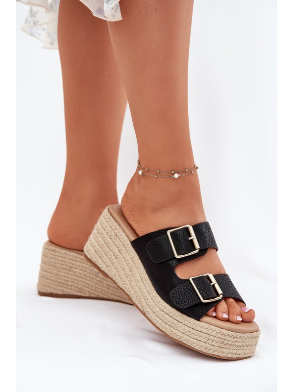 Womens Wedge Sandals With Braiding And Buckles Black Pasinea