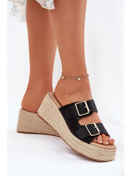 Womens Wedge Sandals With Braiding And Buckles Black Pasinea