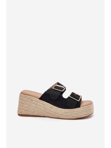 Womens Wedge Sandals With Braiding And Buckles Black Pasinea
