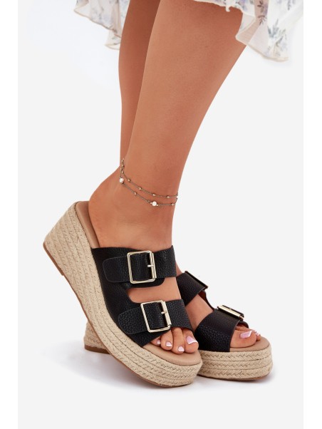 Womens Wedge Sandals With Braiding And Buckles Black Pasinea
