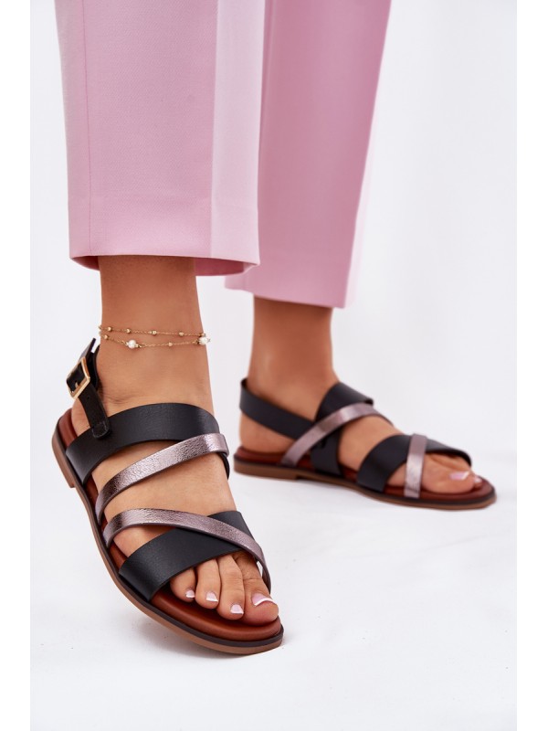Ladies Sandals With Flat Heel And Straps Black Sergio Leone SK086H