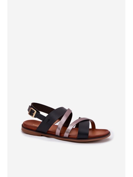 Ladies Sandals With Flat Heel And Straps Black Sergio Leone SK086H