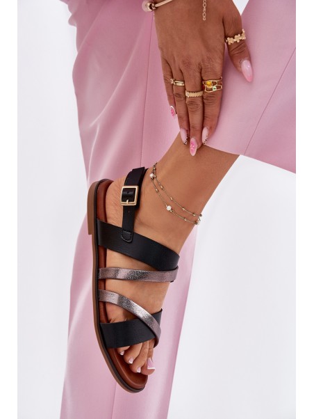 Ladies Sandals With Flat Heel And Straps Black Sergio Leone SK086H