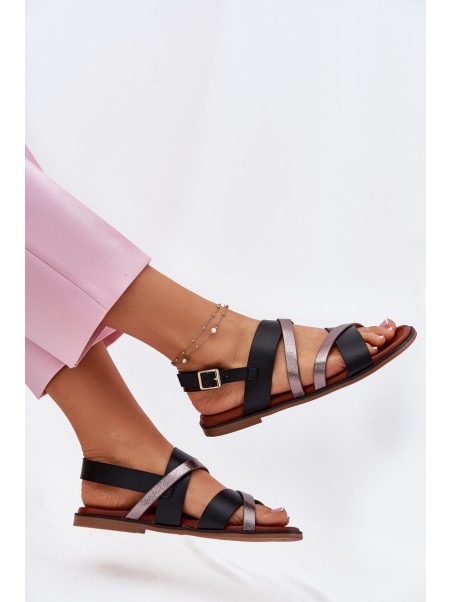 Ladies Sandals With Flat Heel And Straps Black Sergio Leone SK086H