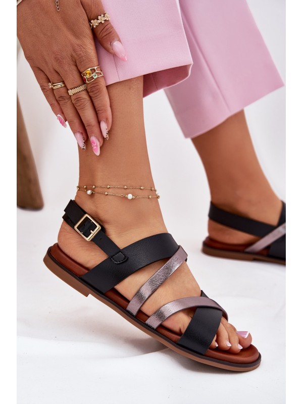 Ladies Sandals With Flat Heel And Straps Black Sergio Leone SK086H