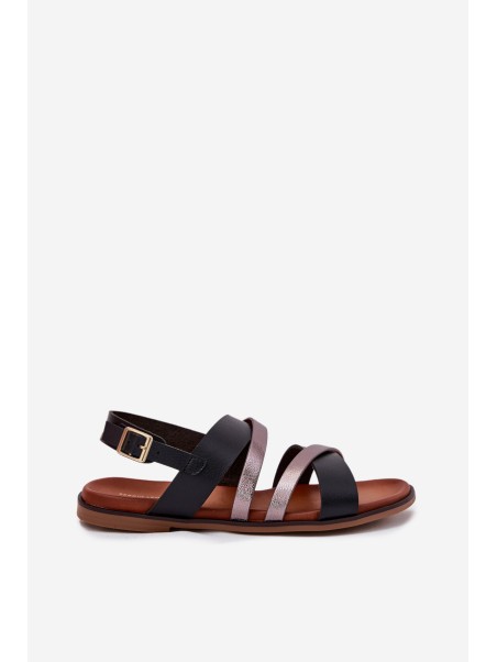 Ladies Sandals With Flat Heel And Straps Black Sergio Leone SK086H