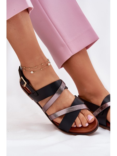 Ladies Sandals With Flat Heel And Straps Black Sergio Leone SK086H