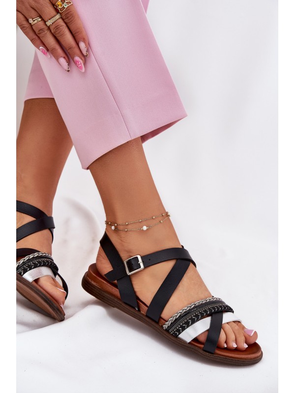 Womens Flat Sandals With Straps Black Sergio Leone SK087H