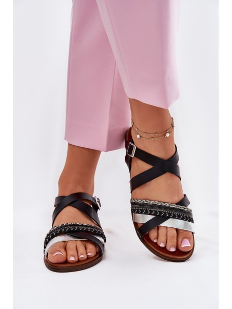 Womens Flat Sandals With Straps Black Sergio Leone SK087H