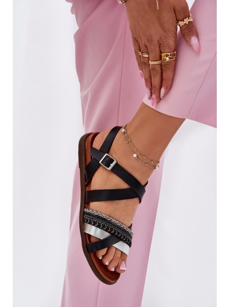 Womens Flat Sandals With Straps Black Sergio Leone SK087H