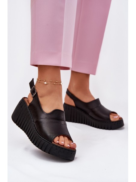 Ladies Sandals Made Of Natural Leather On Wedge Artiker Black 54C0791