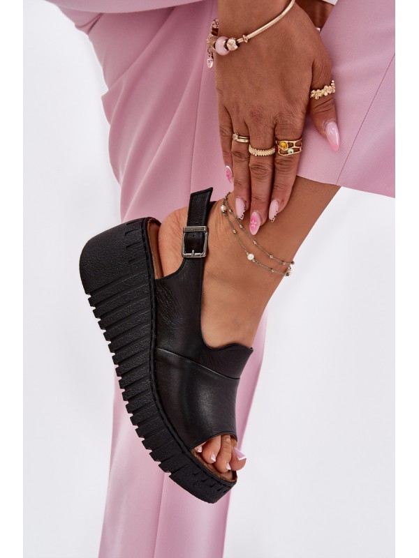 Ladies Sandals Made Of Natural Leather On Wedge Artiker Black 54C0791